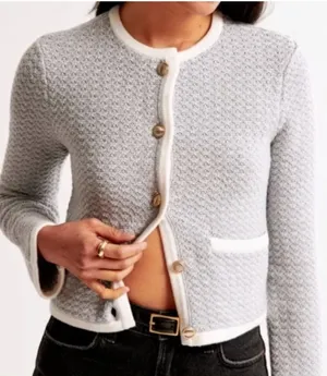 Abercrombie & Fitch Light Blue Textured Crewneck Cardigan with Cream Trim thumbnail 1