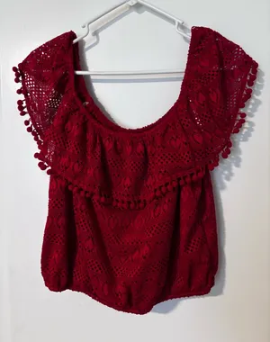 Guess Red Crochet Pom-Trim Off-Shoulder Camisole Top thumbnail 1
