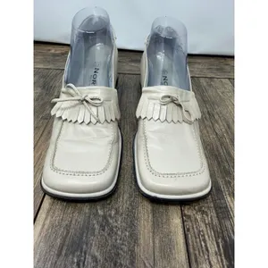 North Italy Cream Leather Kiltie Loafers Square Toe Block Heel Pumps Size 40 thumbnail 2