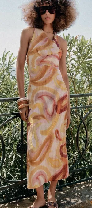 ZARA Women’s Pink & Cream Swirl Halter Midi Dress thumbnail 1