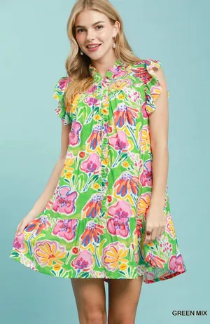 Umgee Floral Ruffle Mini Dress - Green Mix - Small thumbnail 1