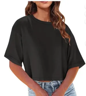Women’s Size XXL Cropped T-Shirt Drop Half Sleeves Solid Black Crewneck M2H045 thumbnail 1