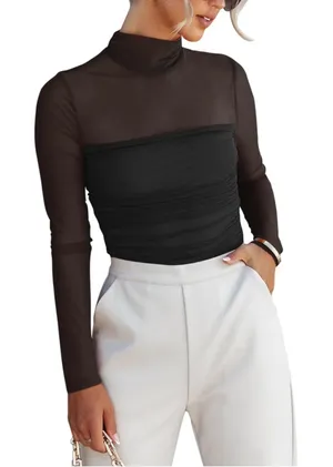 NWT REORIA Black Mesh Mock Neck Long Sleeve Ruched Bodysuit Top -Small thumbnail 1