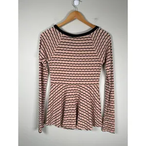 Free People Wavy Stripe Pointelle Peplum Long Sleeve Top‎ Size S Peach Black thumbnail 5