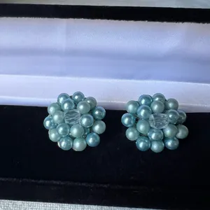 vintage 1950s-1960s cluster clip-on earrings, featuring blue faux pearl thumbnail 9