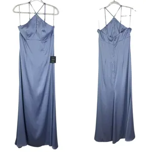 NWT LULU’S Lustrous Love Dusty Blue Satin Halter Cutout Mermaid Maxi Dress Large thumbnail 4