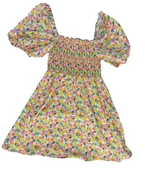 RESA Yellow Pink Green Floral Smocked Puff-Sleeve Dress thumbnail 1