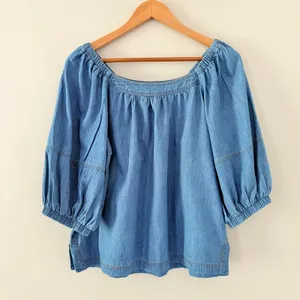 Sundance Denim Chambray Top M Blue Boho Puff Sleeve Square Neck Cotton Blouse thumbnail 3