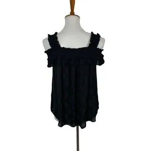Anthropologie Black Smocked Ruffle Strap Sleeveless Textured‎ Boho Tank Top S thumbnail 5