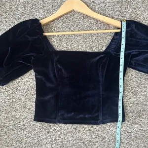 Abercrombie & Fitch Navy Blue Velvet Square Neck Puff Sleeve Crop Top Small thumbnail 8