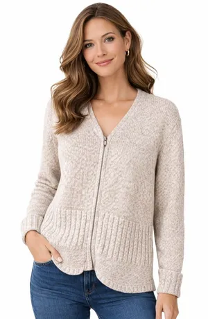 Y2K Christopher & Banks Oatmeal Zip Cardigan L Ramie Cotton Knit Sweater thumbnail 1