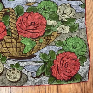 Vintage Impressionist Floral Basket‎ Sailboat Lake Scene Square Scarf Red Green thumbnail 3
