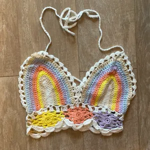 Crochet knit pastel rainbow crop top S NEW thumbnail 1