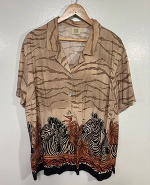 Teddi Rayon Safari Zebra Print Women’s Button Down Shirt Brown and Black Size XL thumbnail 1