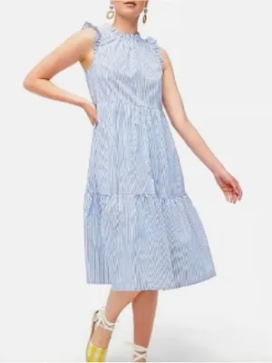 J.Crew Seersucker Coastal Blue White Stripe‎ Tiered Midi Dress Pockets 4P thumbnail 1