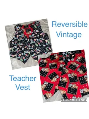 Vintage Reversible Vest Teacher Dogs Cats cottagecore granny farmhouse handmade thumbnail 2