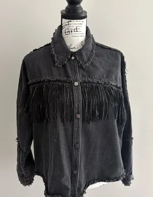 Zara Black Denim Rhinestone Fringe Oversized Jacket Size S thumbnail 1
