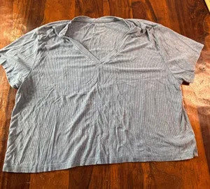 American Eagle Soft & Sexy Rib Blue V-Neck Short Sleeve Crop T-Shirt Large thumbnail 1