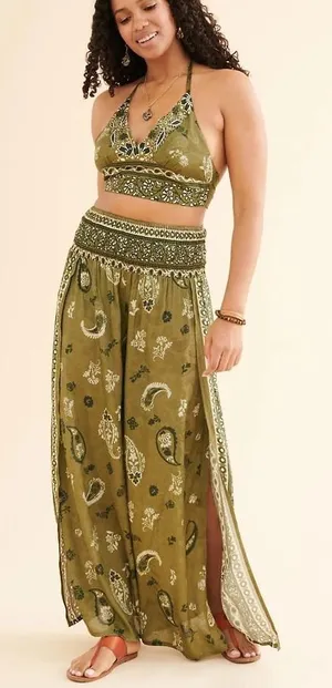 Earthbound Olive Paisley Split Leg Palazzo Pants Boho Festival Medium Hippie thumbnail 1