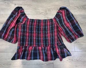 Draper James RSVP‎ Womens XXL Red Plaid Smocked Peplum Puff Sleeve Top thumbnail 1