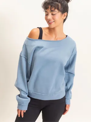 NEW Double Zero Dusty Blue Raw Edge Off Shoulder Sweatshirt – Medium thumbnail 3