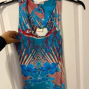 Julia Tropical Hibiscus Maxi Dress Womens Small Turquoise Red Fringe Cutout Back thumbnail 2