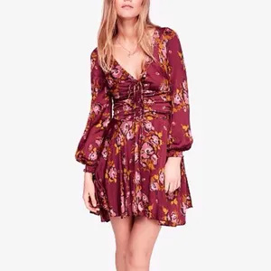 FREE PEOPLE Morning‎ Light Mini Dress Long Sleeve Floral Satin Purple Size 0 New thumbnail 4