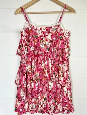TCEC Pleated Tiered Circle Print Mini Dress Spaghetti Strap Pink Red White M thumbnail 9