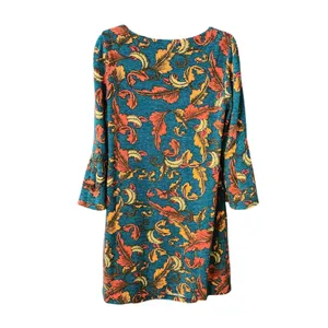 Aryeh Knit Dress Women'sTeal‎ Orange Feather Print Bell Sleeve, Large thumbnail 6