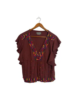 Anthropologie Brown Embroidered Bohemian V-Neck Ruffle Short Sleeve Top thumbnail 7