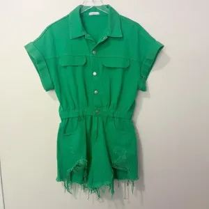 HERRINGSTONES Lida Kate Lucky‎ Me Green Denim Romper Size Medium NWOT thumbnail 2