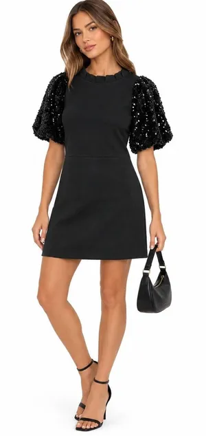 NWT THML Little Black Dress Womens S Mini Knit Sequin Sleeve Party Cocktail thumbnail 1