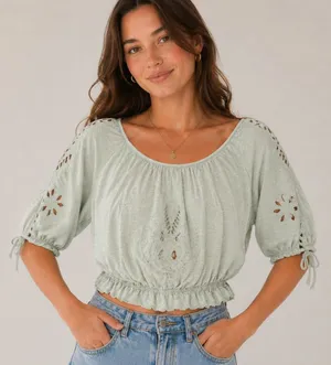 Free People Light Mint Green Peasant Crop Top Boho Cottagecore Small thumbnail 1