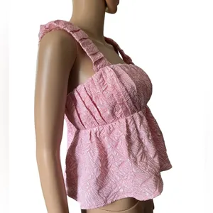 NEW Entro Pink Preppy Barbie Textured Pleated Babydoll Crop Top thumbnail 3