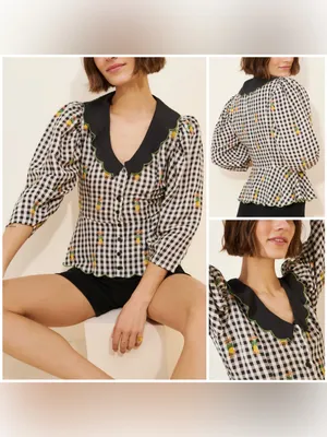 FARM Rio Linen Blend Gingham Embroidered Top - black - Large thumbnail 2
