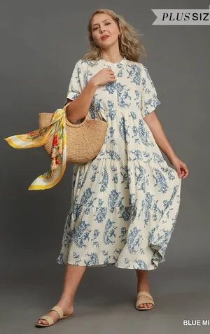 New! Umgee Cream Maxi Dress with Blue Floral Print Size 2X thumbnail 1