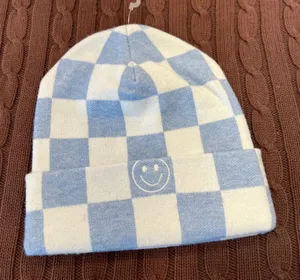 Checkered Smiley Face Beanie Light Blue White‎ Knit Cuff Hat RN 75343 One Size thumbnail 1