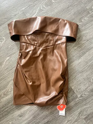 Cider Off The Shoulder Brown Leather Dress thumbnail 5
