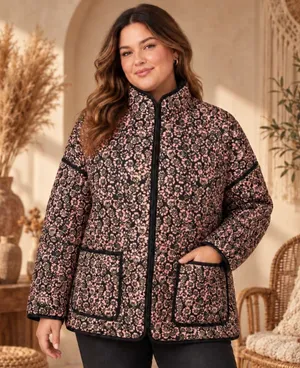 Floral Quilted Puffer Jacket Pink Green Black Open Front Pockets Large thumbnail 1
