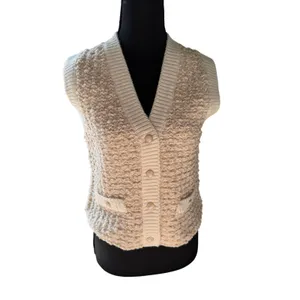 Heartloom Bouclé Sweater Vest Cream Ivory Pearl Button Front Pockets S thumbnail 3