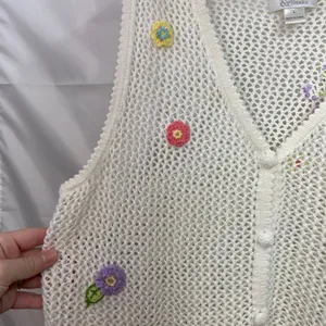 Vintage Christopher & Banks cream crocheted button butterfly floral sweater vest thumbnail 2