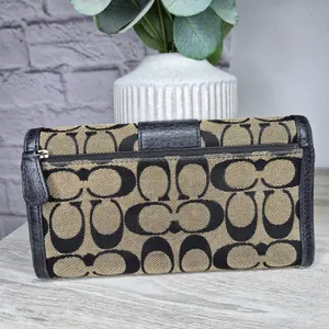 Coach Signature Jacquard Trifold Wallet Black Beige Canvas Leather Checkbook Y2K thumbnail 4