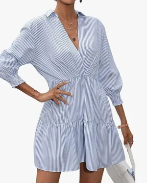 Women's 3/4 Sleeve V Neck Collar Striped Dress Casual A Line Ruffle Hem Mini Dresses thumbnail 1