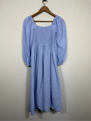 J.Crew Linen Daydream Dress Blue Smocked Puff Sleeve Midi Size S thumbnail 2