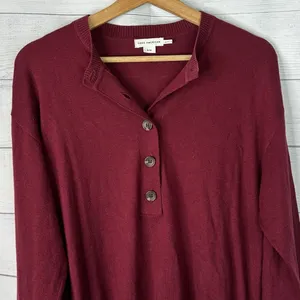 Good American Henley Sweater S/M Wine Red Ribbed Knit Quiet Luxury Pullover thumbnail 3