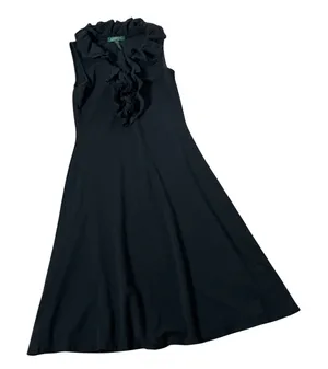 Lauren Ralph Lauren Ruffle Eyelet Knit Dress Womens XS Black Sleeveless A-Line thumbnail 1