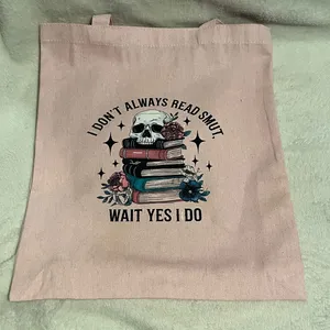 Pink Graphic Canvas Tote Bag with Skull/Books and Smut quote thumbnail 1