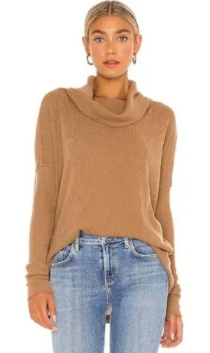 We The Free Womens Ribbed Brown Cowl Neck Long Sleeve Sweater‎ Size XL Boho thumbnail 1