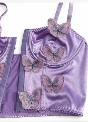 Purple satin corset top with butterfly embroidery - Small thumbnail 2