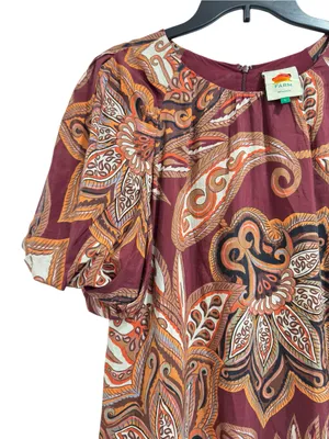 FARM Rio Paisley Floral Print Mini Dress Burgundy Puff Sleeve Size Large thumbnail 3